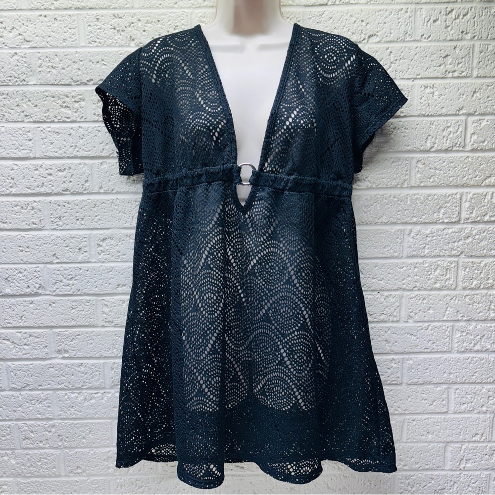 CATALINA XL Black Lace Short Sleeve Swimsuit Cover-Up Elastic Empire Waist • VG‼